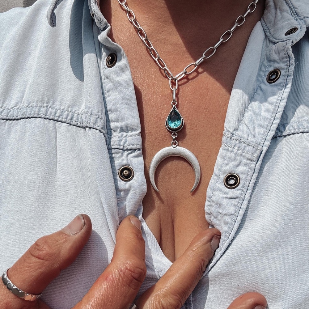 Blue Crystal crescent 🌙 moon silver necklace